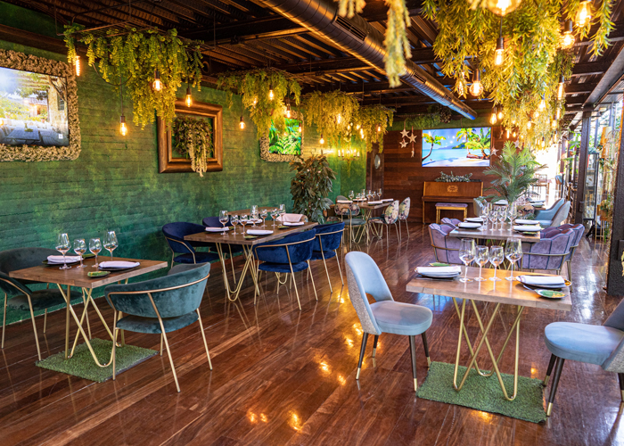 Salón interior con suelo de madera, sillas azules y pared vegetal