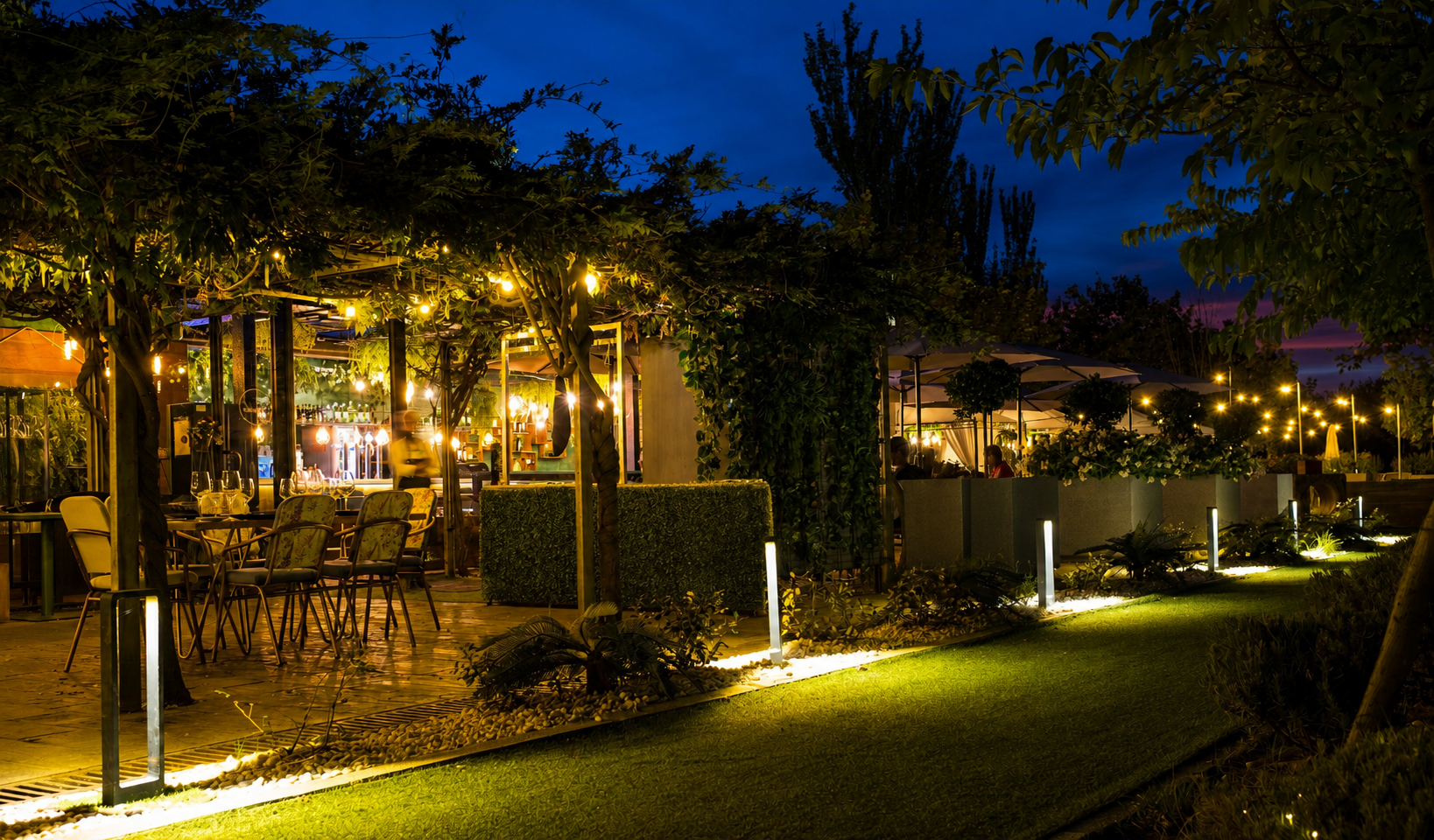 Jardín y barra exterior iluminados de noche con guirnaldas de luces