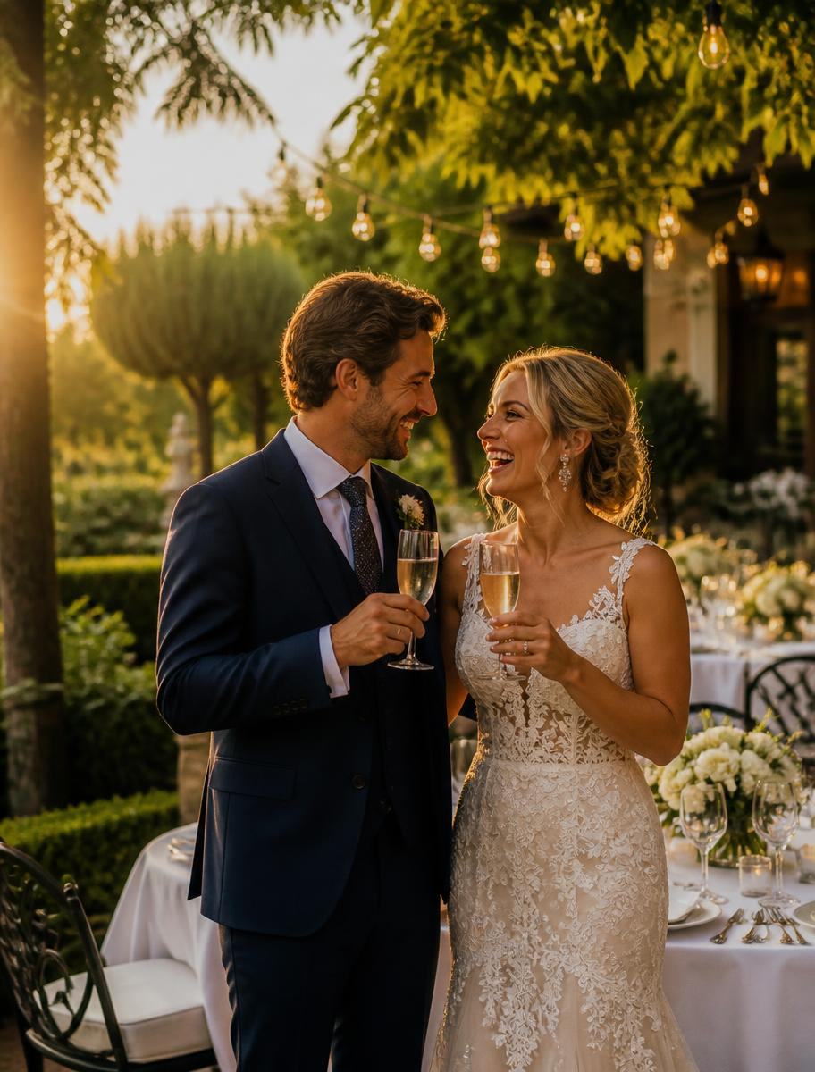 Novios brindando con champán durante su boda en el jardín del restaurante